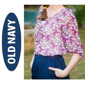 OLD NAVY Floral Semi-sheer 3/4 Sleeve Peasant Top Lace-up Whimsical Chic Wmn XXL